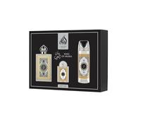 Lattafa King of Arabia Set de Regalo, Perfume Árabe Hombre Duradero, Incluye Perfume EDP 100ml + Mini perfume 20ml + Desodorante 200ml + Atomizador Fragancia Amaderada Dulce (King of Arabia Gift Set)