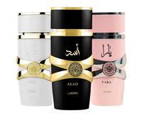 Lattafa para unisex de 3 piezas Eau de parfum Gift Gift (Yara para mujeres + Yara Moi para mujeres + Asad para hombres) 3.4 onza/100 ml cada uno