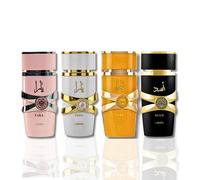 Lattafa para unisex de 4 piezas Eau de Parfum Gift Gift (Yara For Women + Yara Moi para mujeres + Yara Tous para mujeres + Asad para hombres) 3.4 onz