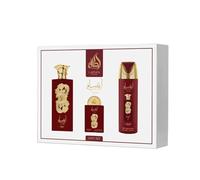 Lattafa Pride Ansaam Gold Set de regalo de 3 piezas (100 ml EDP + 200 ml de spray corporal perfumado + 20 ml de EDP de viaje + botella rellenable) - Fragancia para mujer de larga duración - Pera