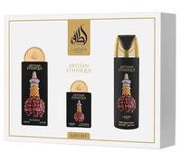 Lattafa Pride Artisan Ethnique - Spicy, Gourmand, Sweet, Ambery, 3 piezas de regalo unisex (3,4 oz, Eau de Parfum Spray + 0,65 oz Eau de Parfum Spray + 6,67 oz desodorante en spray)