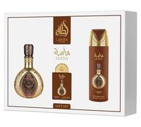 Lattafa Pride Masa - Juego de regalo de 3 piezas (100 ml EDP + spray corporal perfumado de 200 ml + EDP de viaje de 20 ml) - Fragancia unisex de larga duración - Azafrán, limón, mango, ámbar, gamuza