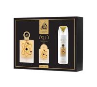 Lattafa Pride Tharwah Gold - Juego de regalo de 3 piezas para mujer, Eau de Parfum de 100 ml + spray corporal perfumado de 200 ml + EDP de viaje de 20 ml y una botella recargable
