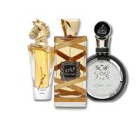 Lattafa - Set de regalo unisex de 3 perfumes (Maahir + Fakhar para hombre + Oud Mood Elixir) 100 ml cada uno