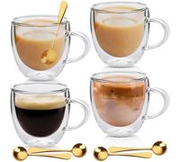 Latte Macchiato Juego de Tazas de Café de Doble Pared - 4 Vasos de 250 ml Con 4 Cucharas - Para Capuchino - Vasos Térmicos de Cristal