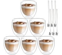 Latte Macchiato Juego de tazas de café de doble pared, 6 x 250 ml, vasos de doble pared con 6 cucharas, capuchino, tazas de café, tazas de café, tazas de café helado, vasos térmicos de café
