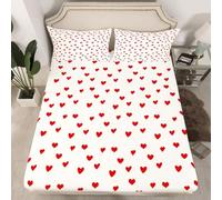 Latwerio Sheets 150 x 190 cm, White, 3D Heart Red Microfibre Fitted Sheet, Soft and Comfortable Breathable, Mattress Cover with Elastic Deep Pocket 30 cm, Bed Sheets 150, R1776