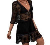 Laughhe Vestido V-Cuello Camisa Suelto de Bikini Mujer, Encaje Crochet Pareo de Playa Cover Up Traje de Baño Cubrir (Negro)