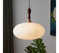 LAUMZX Lámpara colgante moderna Japandi, lámpara de techo con pantalla de vidrio blanco acanalado y detalles de madera maciza, lámpara colgante con cable ajustable para isla de cocina, comedor y dormi