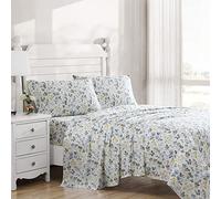 Laura Ashley Home - Sábanas Queen, Juego de Ropa de Cama de algodón Satinado Suave, Elegante, Suave y Transpirable decoración del hogar (Prado Floral Azul, 4 Piezas, Queen)