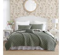 Laura Ashley - Juego de edredón Queen, ropa de cama reversible de terciopelo sólido, decoración del hogar para todas las estaciones con fundas de almohada y funda de almohada (punto de diamante, verde