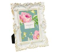 Laura Ashley Marco de fotos de resina hecho a mano con textura ornamentada blanca y dorada de 4 x 6 pulgadas, con caballete y gancho para mesa y pared, diseño floral decorativo para decoración del