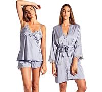 Laura in - 5 Piezas Conjunto Pijamas de Seda satén con Encaje Bordado, Ropa de Dormir para Mujer, Bata, camisón, Top, Cortos y Pants Largos-1108GrisM