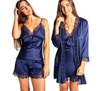 Laura in - Conjunto de Pijamas de Seda Satén para Mujer con Encaje. 5 Piezas, Bata, Camisón, Top, Pantalones y Cortos. Suave, Fluida, Elegante y Sedosa.AzulS1106
