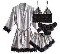 Laura in - Conjunto de Pijamas de Seda satén para Mujer de 4 Piezas, Bata, Top Bralette, Corto y Braguita con Encaje Negro.GrisS1107