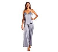Laura in - Conjunto de Ropa para Mujer 2 Piezas Pijamas de Seda satén de Color Liso sólido Top con Tirantes y Pantalones Largos.1603GrisXL