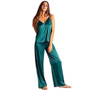 Laura in - Conjunto de Ropa para Mujer 2 Piezas Pijamas de Seda satén de Color Liso sólido Top con Tirantes y Pantalones Largos.1603VerdeXL