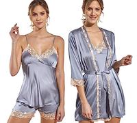 Laura in - Pijamas Mujer de Seda Satén Conjunto de 5 Piezas de Color Liso con Encaje Bordado Elegante Sexy y Suave. GrisS-1103