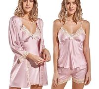 Laura in - Pijamas Mujer de Seda Satén Conjunto de 5 Piezas de Color Liso con Encaje Bordado Elegante Sexy y Suave. RosaM-1103