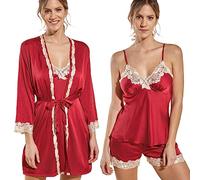 Laura Lily - Pijamas Mujer de Seda Satén Conjunto de 5 Piezas de Color Liso con Encaje Bordado Elegante Sexy y Suave. RojoS-1103