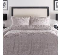 Laurence Llewelyn-Bowen Funda de edredón de lino con estampado de damasco en relieve, tamaño Super King (260 x 220 cm), 2 fundas de almohada, ropa de cama de terciopelo de lino crema, juego de ropa de