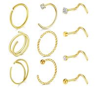 LAURITAMI 20G Nasenpiercing Ring Dünn, Spirale Chirurgenstahl Nasenpiercing Stecker Double Nasenpiercing Rings Gold Silber Set, Nasenstecker mit Zirkonia für Frauen und Männer, Acero inoxidable