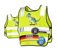 LauterSchutz® Chaleco de seguridad [pack de 2] para niños (5-12 años) para una mejor visibilidad día y noche en el camino a la escuela, ciclismo, deportes y tráfico por carretera (Dinosaurio)