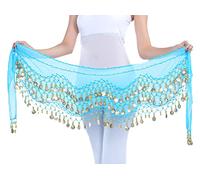 Lauthen.S 128 monedas danza del vientre bufanda de cadera tribal cinturón de Halloween Genie accesorio de disfraz - Azul - Talla única