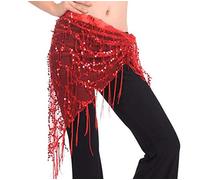 Lauthen.S - Pañuelo para danza del vientre con lentejuelas triangular, cadena de cintura - Rojo - Talla Única