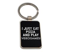 Lauthings Llavero con texto en inglés "I Just Eat Pizza Play Videojuegos, cristal negro, llavero personalizado