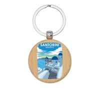 Lauthings Santorini - Llavero de madera, diseño de islas griegas, azul y blanco, etiqueta personalizada para bolsa