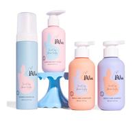 LAV kids Set Esencial de Baño para Niños, Champú Suave, Acondicionador, Gel de Ducha Espumoso y Loción Corporal, 200 ml cada uno, con Esponja y Banda para el Cabello