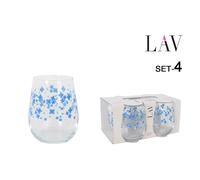 LAV | Set de 4 vasos de 360cc para agua o refrescos, vasos transparentes decorados, diseño moderno con multiples flores azules, ideal para uso diario y mesas elegantes