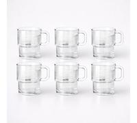 LAV | Set de 6 vasos con asa de 270cc para café o bebidas calientes, vasos transparentes apilables, diseño texturizado moderno con múltiples relieves, ideal para desayunos y meriendas