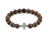 Lavaarite Pulsera de cruz con cuentas de madera para hombre, pulsera religiosa elástica de 8 mm con colgante de cruz, regalos de confirmación cristiana, joyería de primera comunión, bautizo y fe para