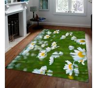 lavable Alfombra 160x230cm Large Soft Alfombrilla for salon Green Flower Field Tapete White Daisy estampado dormitorio comedor moderno Landscape antideslizante resistente a las manchas Under Table