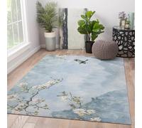 Lavable Alfombras 180x240 Resistente a Manchas Magnolia Bird Area for Salon Antideslizante Backing Chinese Landscape Printed Alfombra Dormitorio Folable Machine Alfombrilla Light Blue Office Decor