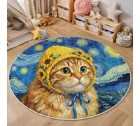 Lavable Alfombras Redondas 160cm, Antideslizante Gato Naranja Cielo Estrellado Amarillo Azul Alfombra Círculo Redondeada Medallón Pintura Óleo Animales Impreso Alfombras de área Salón Dormitorio