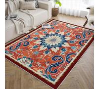 Lavable Area 60x120 Alfombras Antideslizante Alfombra Vintage Floral Scroll Soft Alfombrilla for Salon Entrada Dormitorio habitacion Infantil Orange Blue Cream Medallion Border with Red Edge Non