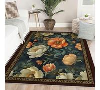Lavable botanico 180x240 Area Alfombra Dark Teal Night Large Orange Peony Alfombrilla Ivory Flowers Green Leaves Moody Vintage Cottagecore Tapete for Salon Dormitorio Office Bedside Antideslizante