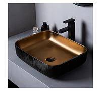Lavabo antiguo recipiente de cerámica, lavabo de cerámica, fregadero artístico de apoyo negro dorado con grifo y desagüe retráctil