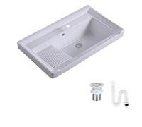 Lavabo Baño Empotrable con Rebosadero, de Cerámica, Lavabo Pequeño con Escurridor Integrado y Kit de Desagüe, para Cocina, Balcón o Uso Exterior(810mm/31.9in)