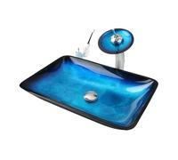 lavabo baño Juego de lavabo baño vidrio templado, cuadrado sobre encimera con grifo, desagüe emergente, kit artístico for hotel(Blue Set B)