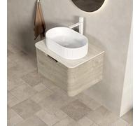 Lavabo colgante de 60 cm con armario bajo y lavabo ovalado | Juego de muebles de baño con placa de travertino, cierre suave y frontal curvado | premontado en roble crema