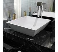 Lavabo Cuadrado de Cerámica Blanco, Diseño Moderno para Baño, Superficie Esmaltada Antimanchas, Fácil Limpieza, Instalación Sobre Encimera, Orificio Desagüe 4.5 cm, 41.5x41.5x12 cm