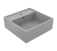 Lavabo Cuadrado de Cerámica con Rebosadero, Diseño Moderno Gris Claro Mate, Lavabo de Sobremesa o Pared para Baño, Lavadero, Tocador, Incluye Orificio para Grifería, 41x41x15 cm