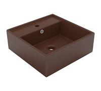 Lavabo Cuadrado de Cerámica con Rebosadero, Diseño Moderno Mate Marrón Oscuro, para Baño, Lavadero o Tocador, Incluye Orificio para Grifería, 41x41x15 cm