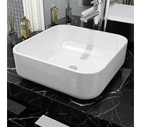 Lavabo Cuadrado para Baño, Cerámica Esmaltada Blanca, Diseño Moderno y Minimalista, Instalación Sobre Encimera, Fácil Limpieza, Orificio de Desagüe 4.5 cm, 39x39x13.5 cm
