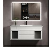 Lavabo de baño, armario estriado de 68 pulgadas con encimera de pizarra blanca, diseño moderno de madera de roble, ideal para pequeños tocadores, grifo y drenaje incluidos