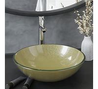 Lavabo de Baño con Grifo Dorado, Juego Completo Incluye Desagüe Automático, Vidrio Templado Resistente al Calor, Diseño Redondo Moderno para Baño Principal o Aseo, Dorado/Cromado, 42x13 cm